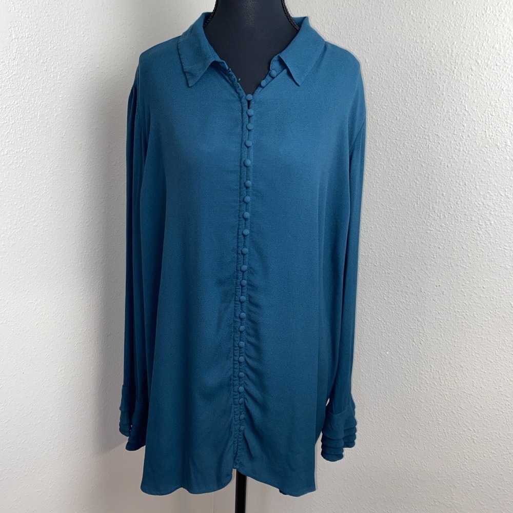 Soft‎ Surroundings Blouse Women's 1X Blue Teal Full Button Up Poet Ruffle Sleeve